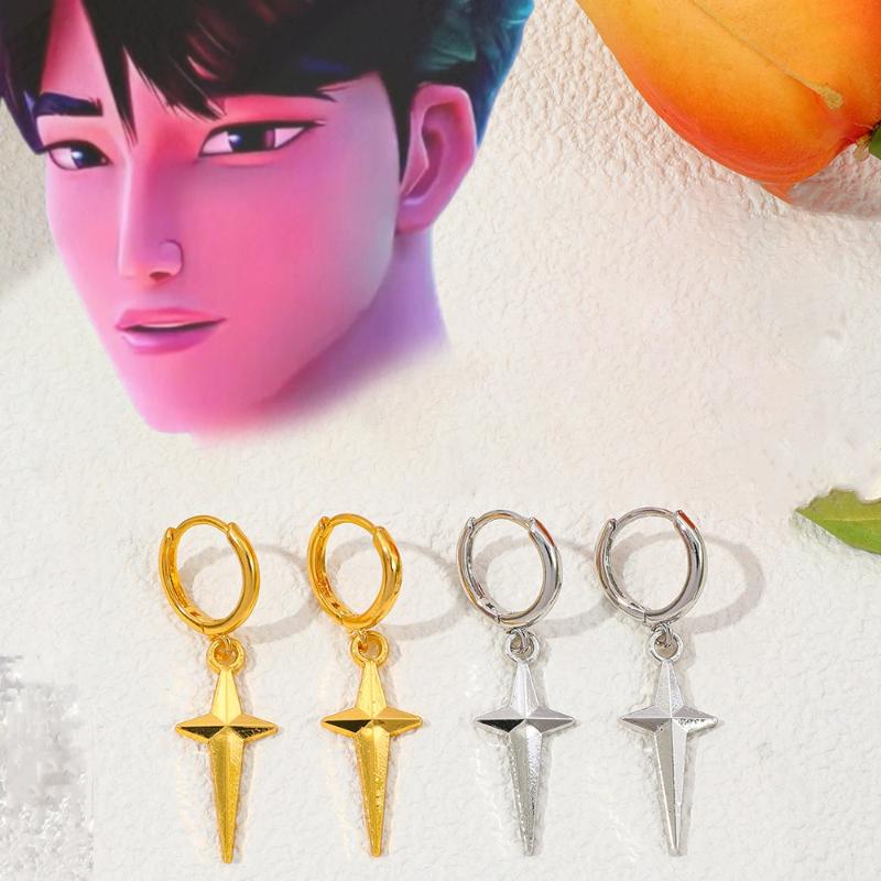 Kpop Demon Hunters Jinu Cross Stars Dangle Earrings For Men Women Metal Earring Cosplay Jewelry Accessories Gifts