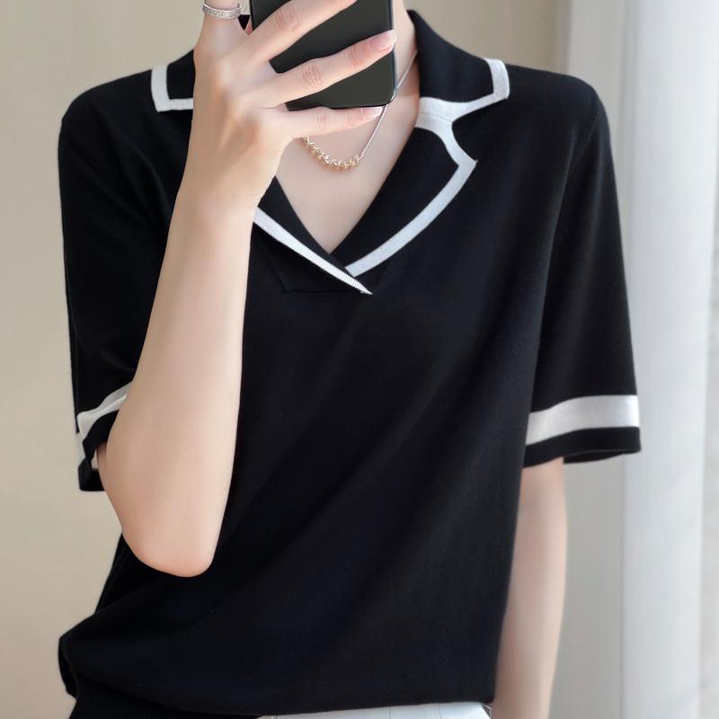 Temperament Summer Versatile Lapel Sweater Short-sleeved Summer Thin Loose Versatile T-shirt Women's Slim Top