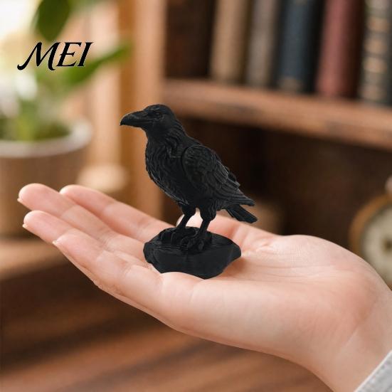 Dark Aesthetic Desk Decor 3D Printed Crow Statue, Gothic Academia Bird Sculpture, Matte Black Raven Sculpture Figurine, Stable Rock Base for
