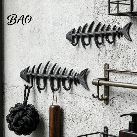 Fischgräten Hakenleiste Knochen Wandmontierter Handtuchhalter, Stilvoller Gusseisen Haken mit 4 Haken im Vintage-Stil für Handtücher Bademäntel, Wasserdicht Rostbeständig