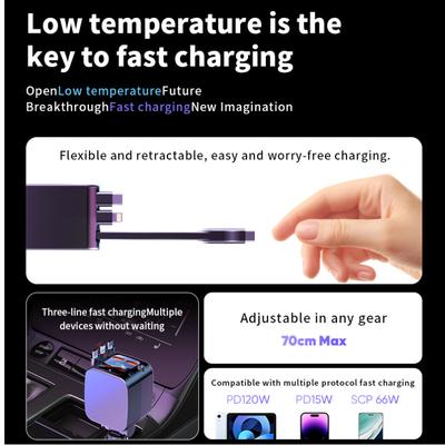 120W Car Charger Adapter Fast Charger USB Type C Cable with 70cm Retractable Cords Fit for iPhone 16/15/14/13/12 Samsung Xiao Mi