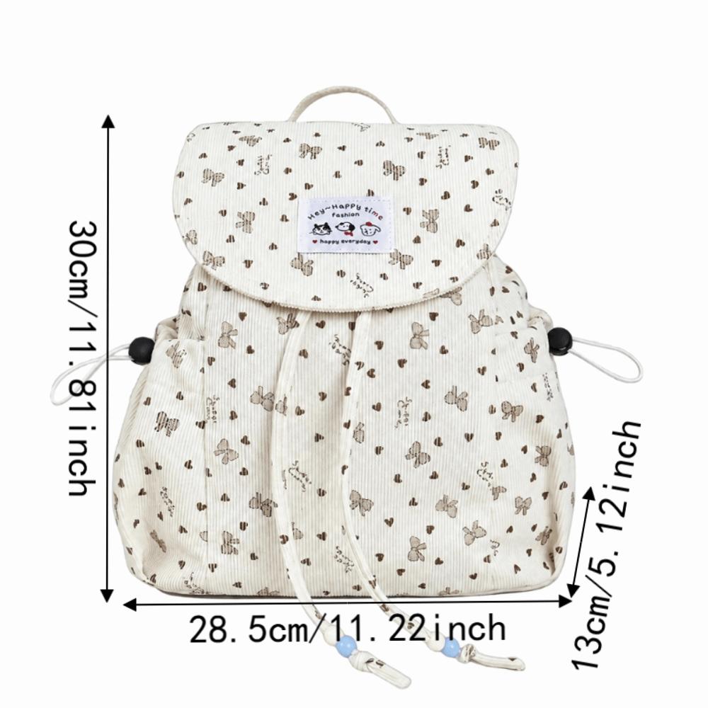 Lightweight Drawstring Daypack Casual Bookbag Fashionable Bow Print Corduroy Backpack Spring
