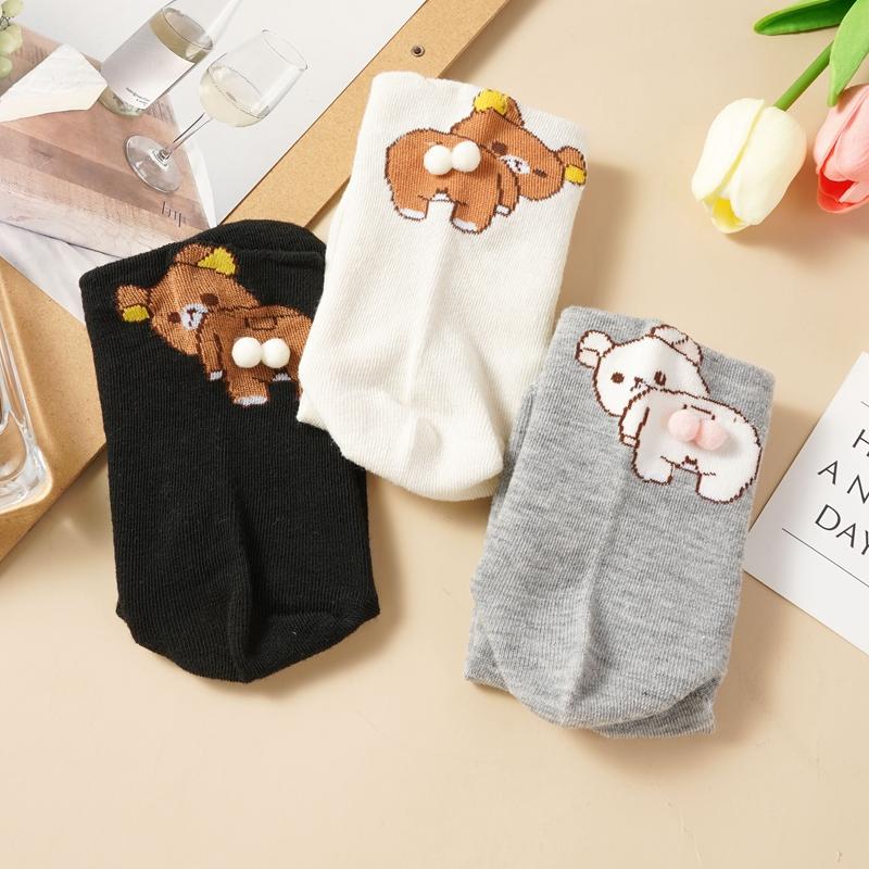 Black White Gray Bear Ankle Socks Cartoon Cute Breathable Sweat-Absorbent Low-Cut Socks for Women