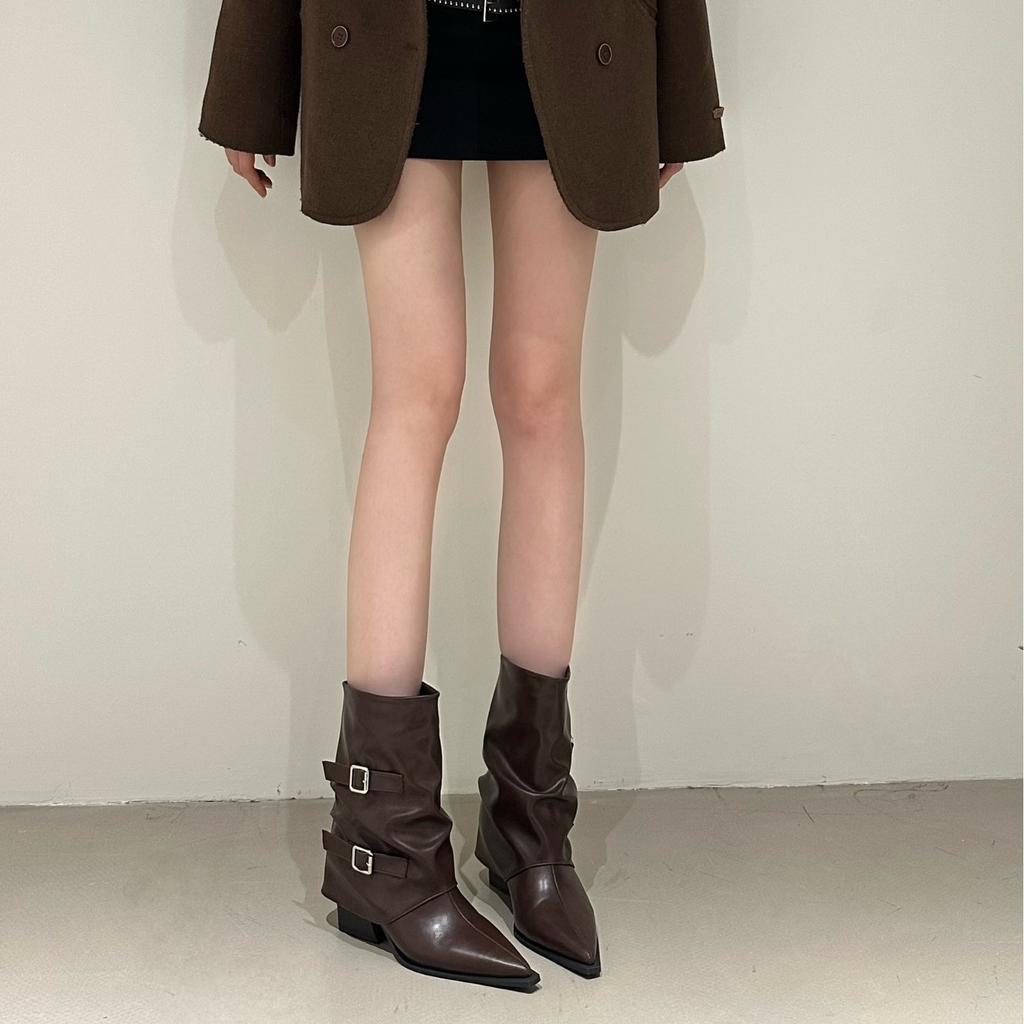 Short Boots Women 2026 Spring and Autumn Meilad Pointed Leather Boots Wrinkled Pile Boots Women