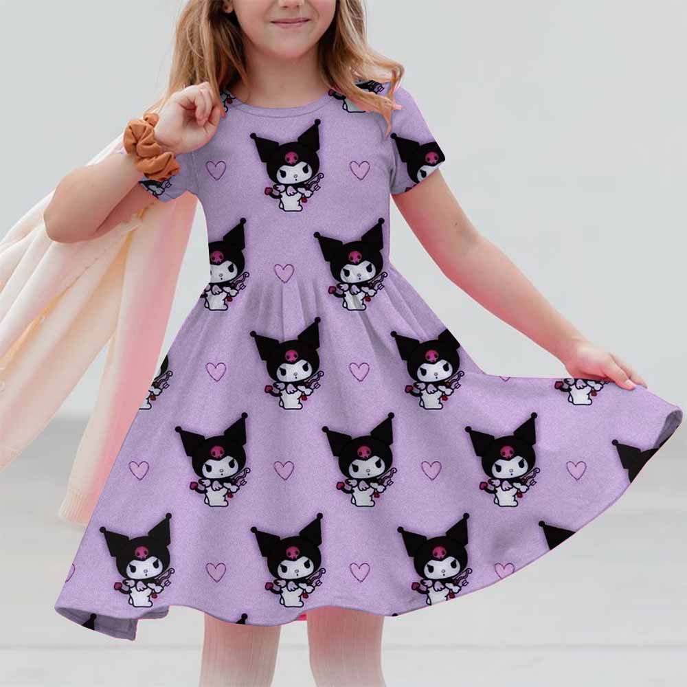Sanrio New Summer 3-14 Year Old Girl Kuromi Hello Kitty Printed Short Sleeved Dress Loose And Comfortable Party Home Dress