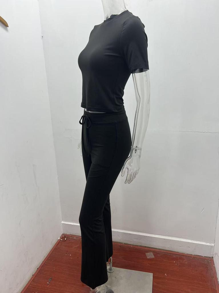2025 Women's European & American Solid Color Round Neck Casual Fashion Set - Short Sleeve Top & Long Pants for Spring/Summer