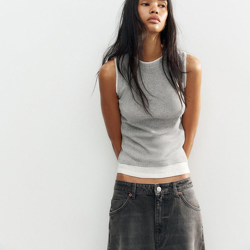 Summer New Product Women's Clothes Ins Style Cotton Double Layer Effect Round Neck Sleeveless Simple T-shirt Tops 5644776