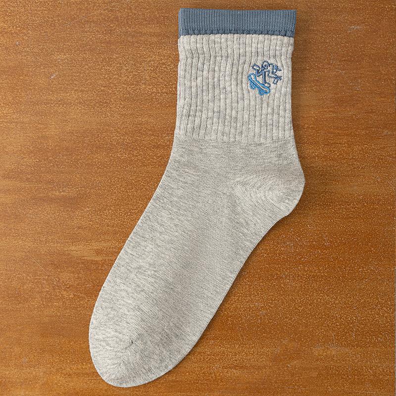 Men's Spring and Autumn New Cartoon Embroidery Match Color Double Mouth Boneless Sport Tube Socks