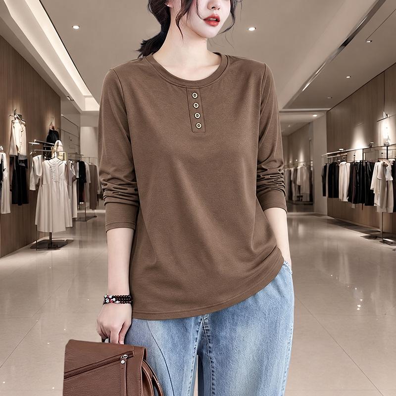 Women’s 2024 Spring/Autumn Long-Sleeve Solid Color Slim-Fit Button Top