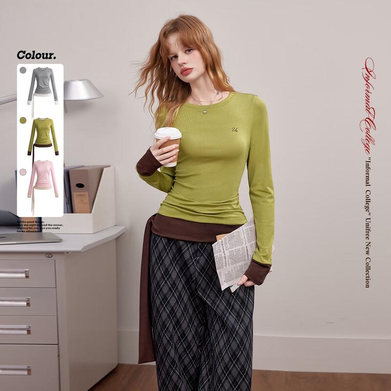 UNIFREE Women s Faux Two-Piece Long Sleeve Round Neck Slim Fit T-Shirt L