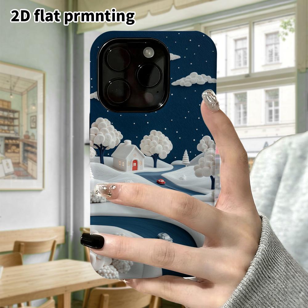 Phone Case: 2D Flat Design Suitable for iPhone 18, 17, 16, 15, 14, 13 Pro Film Protective Case, Couple Style, Winter Night Village, Christmas and Hall