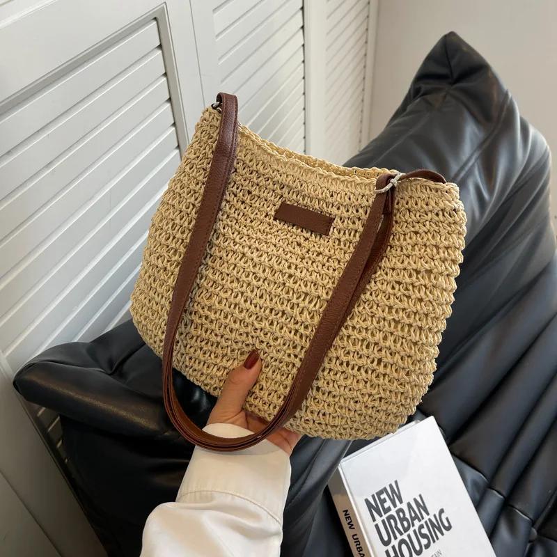 Bohemian Straw Beach Bags For Women High Capacity Handmade Shoulder Bag Casual Woven Totes Bag Shopping Clutch Handbag Purse