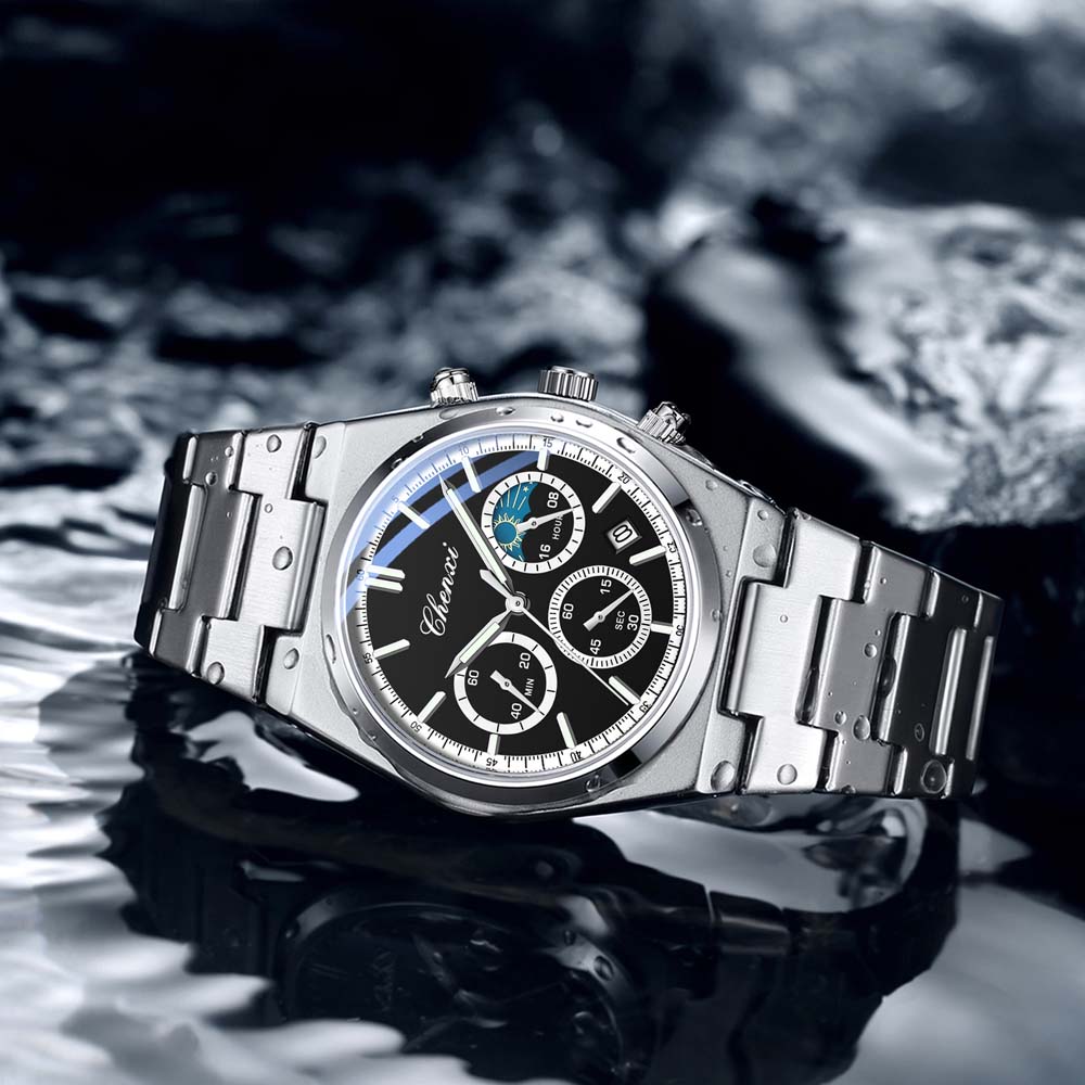 CHENXI Men's Multifunctional Watch Calendar Moon Phase Chronograph Stylish Stainless Steel Strap Luminous Waterproof Wristwatch