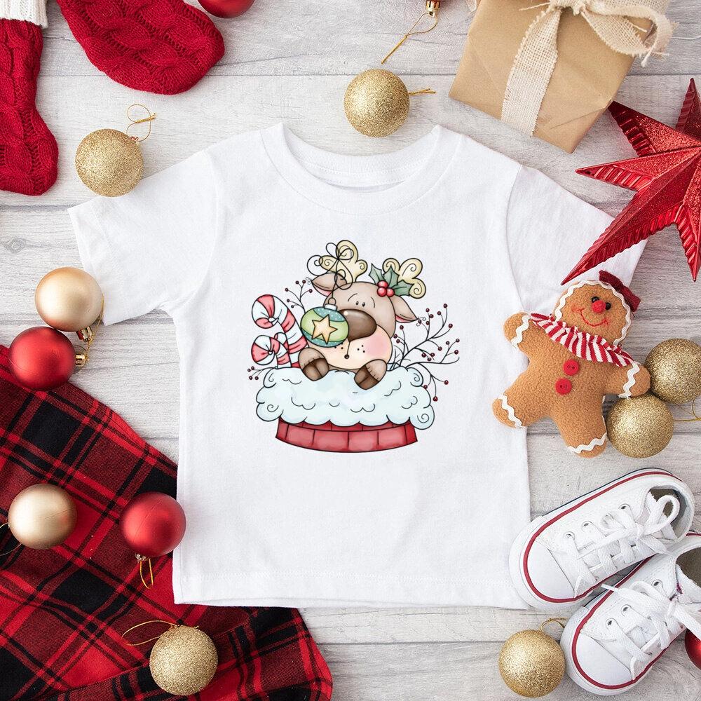 Juletrøyer for barn Hjort Snømann med T-skjorte Bomullstopper Gutter Jenter Julefestantrekk Barn Ferie T-skjorte