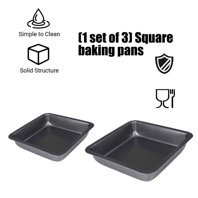Pack of 3 Scratch Resistant Square Pan Food Grade Carbon Steel Easy Cleaning Baking Mold for Family Kitchens