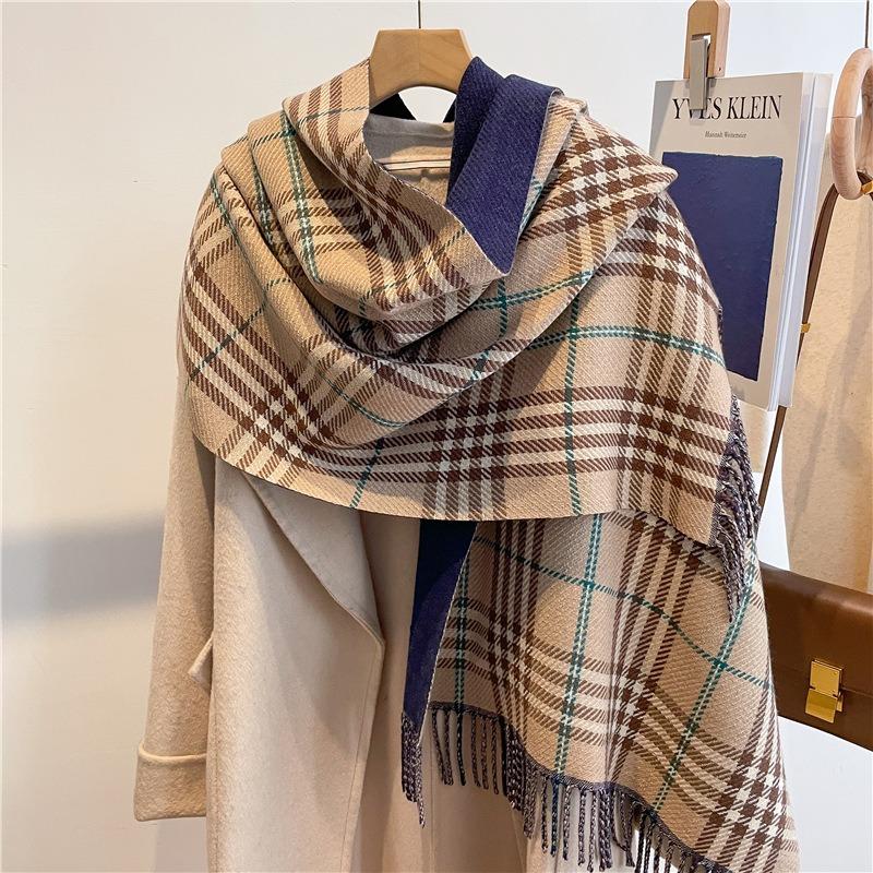 Sweet Plaid Scarf Women's Versatile Imitation Cashmere Thickened Double-sided Fringed Shawl Long Scarf One Piece