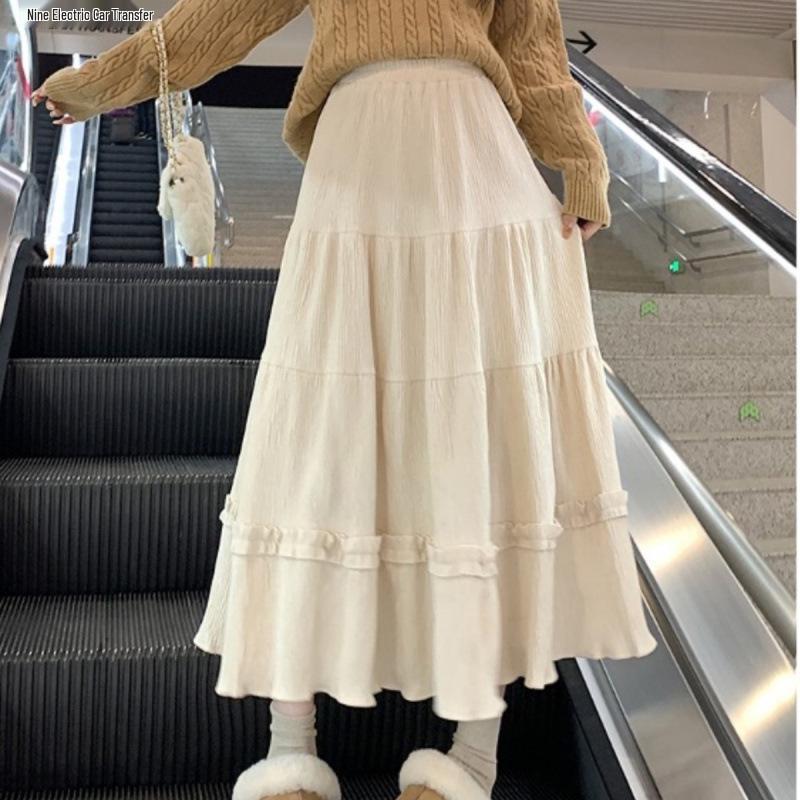 

2025 High Waist Pleated Ruffle Hem Midi Skirt for Autumn/Winter XL