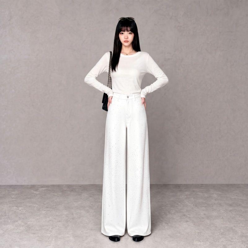 Autumn and winter new white gypsy star hot diamond straight tube high waist mopping floor wide leg flash diamond denim trousers women
