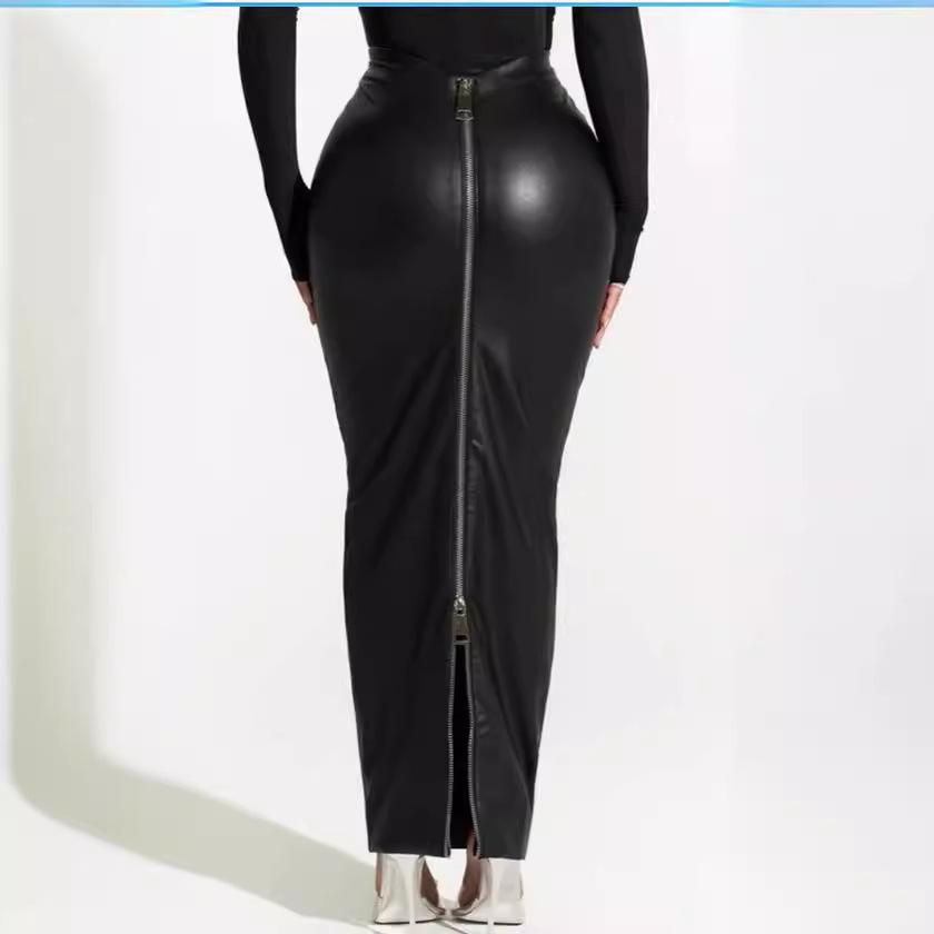 M Damen langer Rock PU-Rock, Herbst und Winter Neu Schwarz Hüftumschlag und dünnes Reißverschluss-Design
