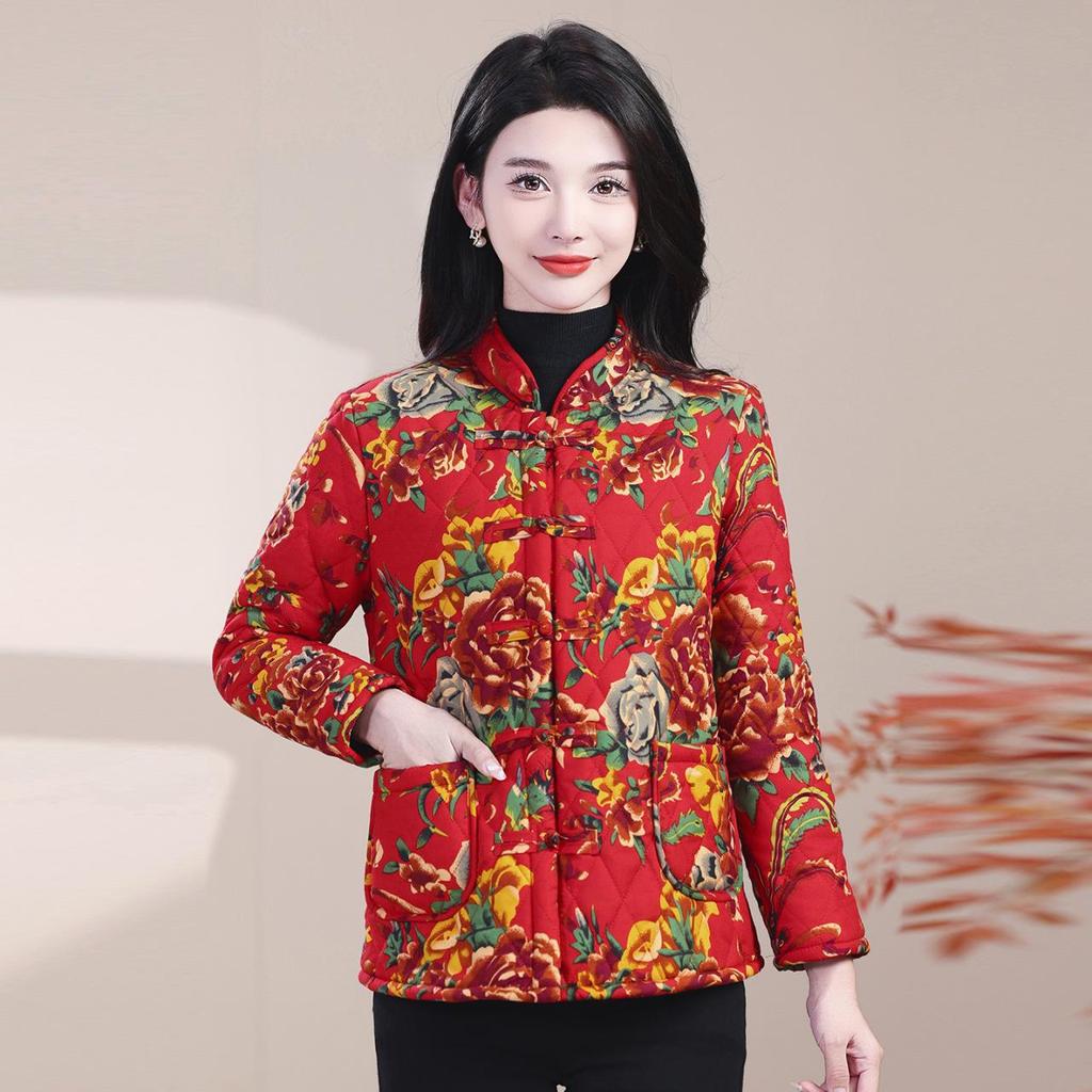 Northeast Women's Thick Floral Cotton Jacket, Plus Velvet, 2025 Winter Yangge Dance Buttoned Performance Costume