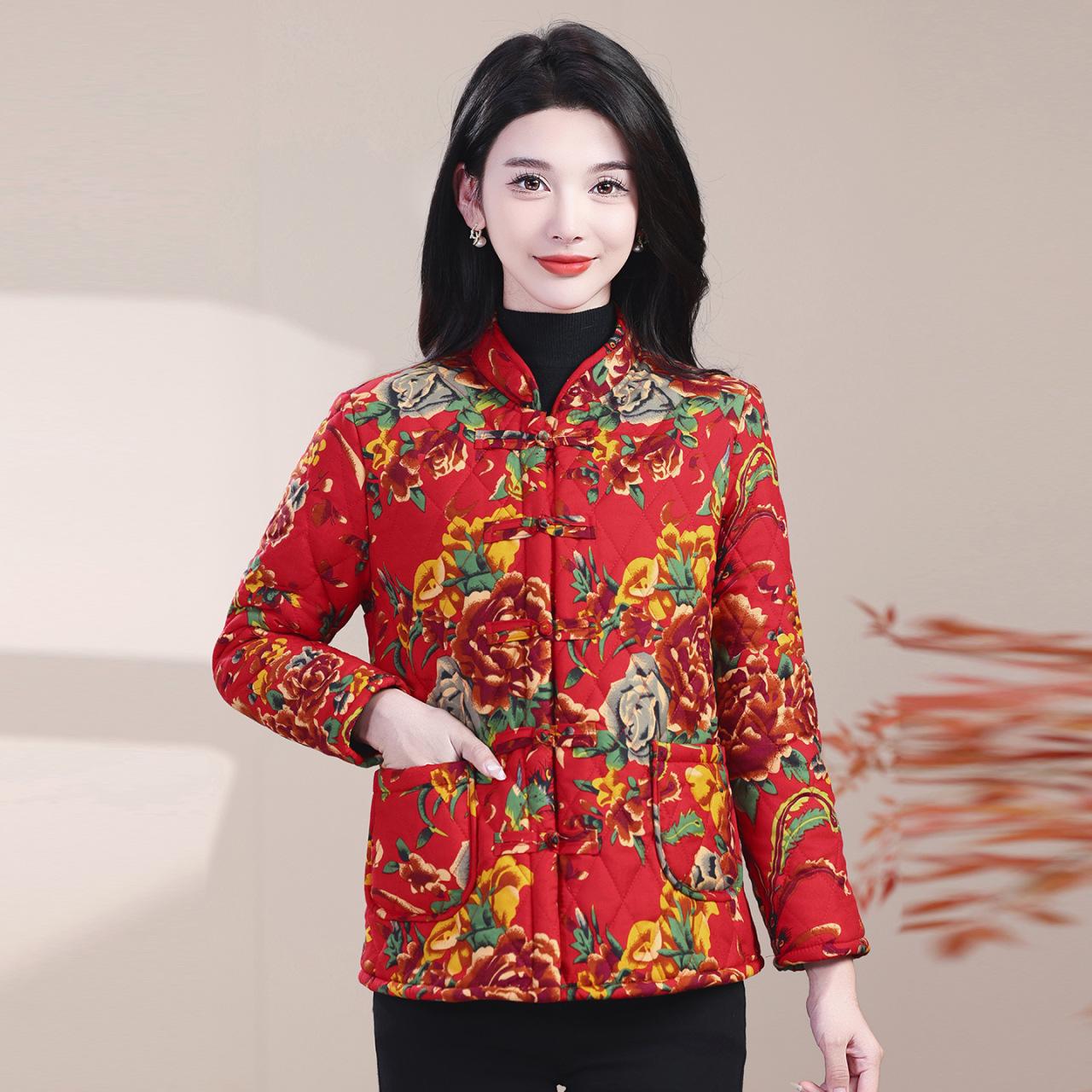 

Northeast Women s Thick Floral Cotton Jacket, Plus Velvet, 2025 Winter Yangge Dance Buttoned Performance Costume 2XL