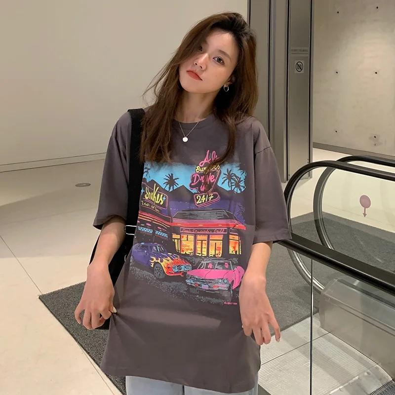 Vintage Distressed American Style Short Sleeve T-Shirt Plus Size Women's Clothing Loose Fit Slimming Medium Length Shirt
