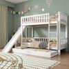 [530525678WAA]Bunk Bed with Trundle, Children's Bed, Fall Protection Rail, Slide and Shelves, 4-Step Straight Ladder, Pine+MDF, White, 90x200/190cm