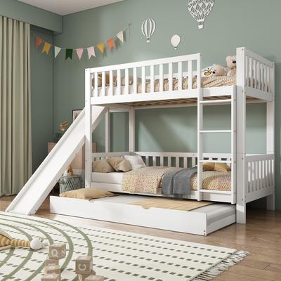 [530525678WAA]Bunk Bed with Trundle, Children's Bed, Fall Protection Rail, Slide and Shelves, 4-Step Straight Ladder, Pine+MDF, White, 90x200/190cm