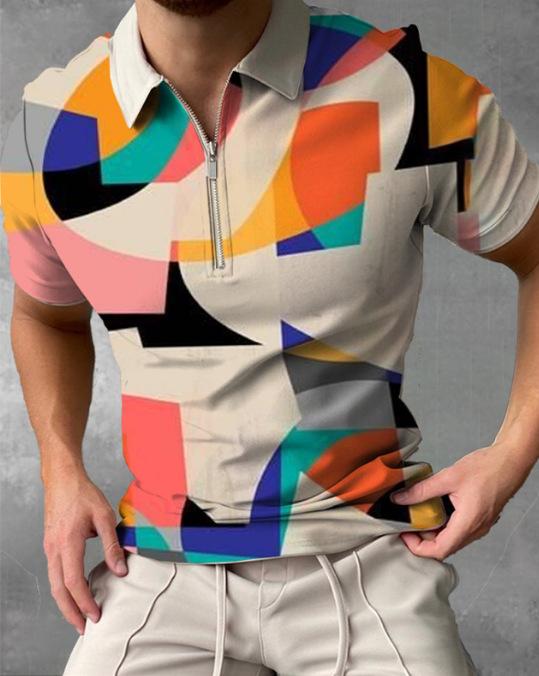 New European and American Men's Casual Personality Fashion Lapel Short-sleeved Polo Shirt 3D Irregular Printing T-shirt Men