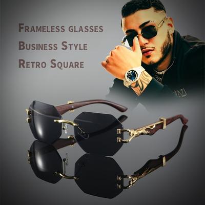 Gafas de sol con montura de metal poligonal sin montura clásicas vintage no polarizadas con patillas de leopardo para hombres y mujeres, para fiestas al aire libre, vacaciones, viajes y conducción