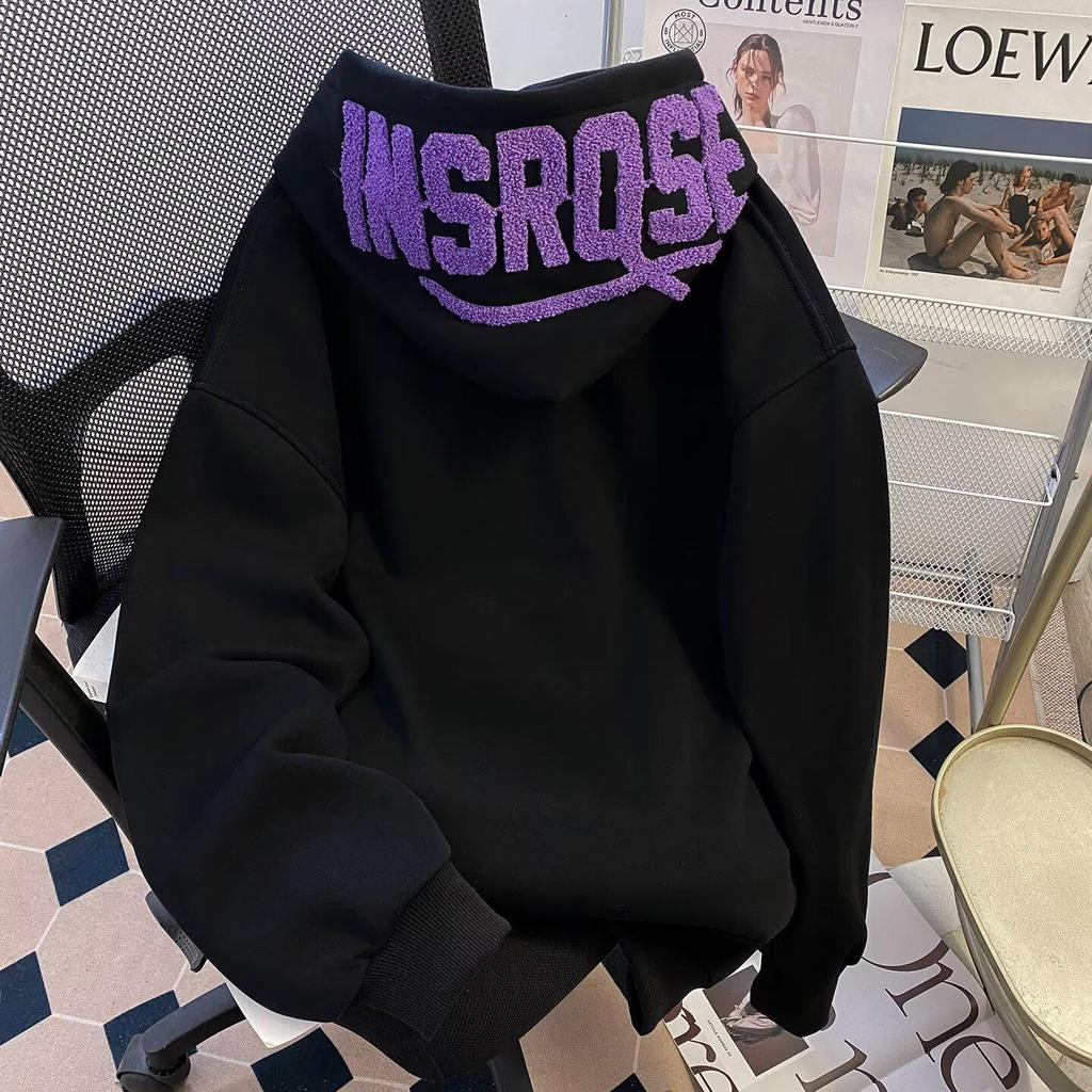 Heavyweight Men's Embroidered Letter Hooded Sweatshirt - Plush Velvet, Loose Fit, Casual Autumn/Winter Outerwear