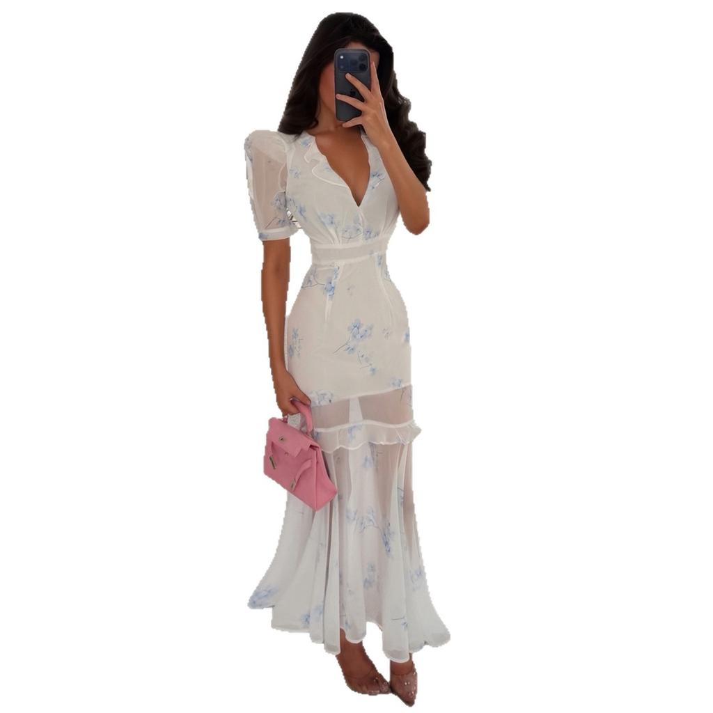 European and American women's clothing 2026 summer new elegant perspective chiffon deep V ruffle edge high waist fishtail dress