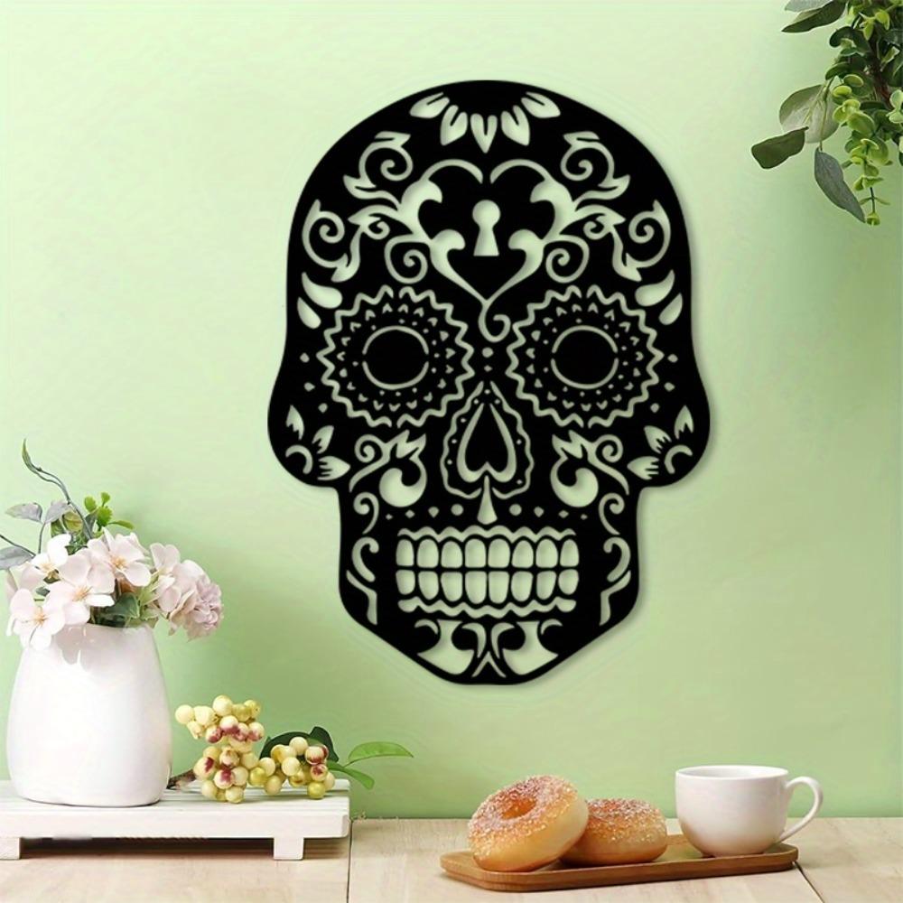Vintage Sugar Skull Metal Wall Art, Black White Floral Iron Decor, Powder Coated Durable Mural for Living Room Gothic Home, Halloween Christmas Gift