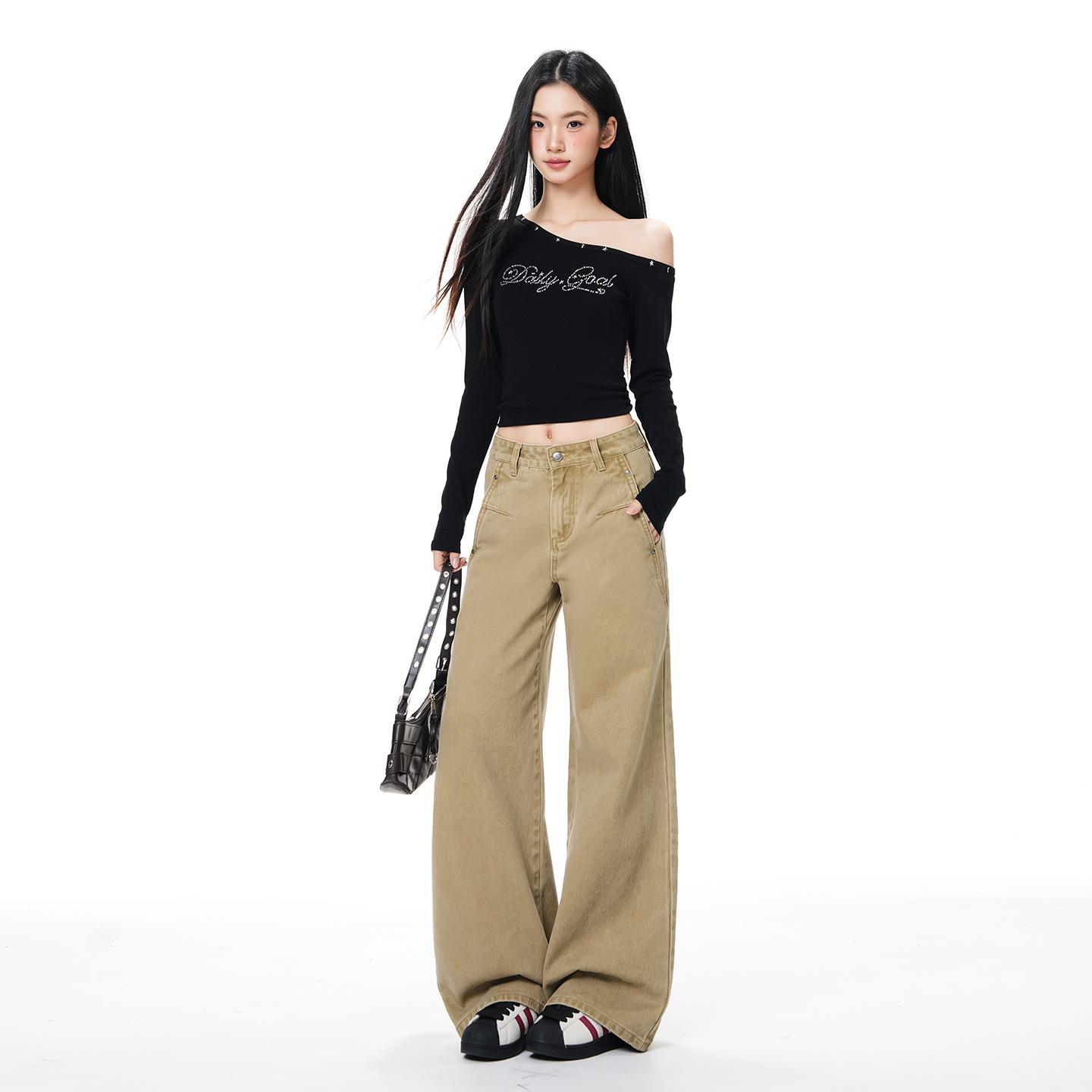 

Women s Khaki High-Waisted Curved Wide-Leg Jeans, Petite Loose Fit, Winter 2025 Collection, Floor-Length. Small