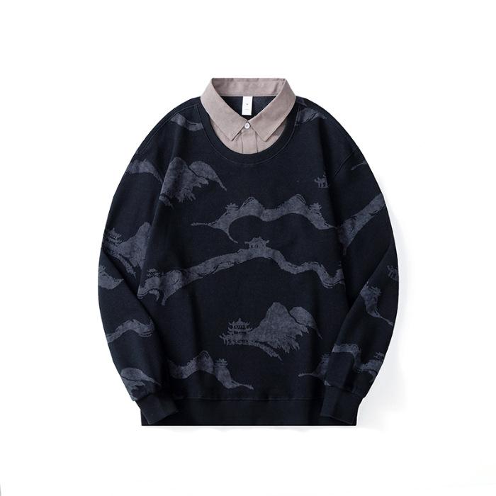 

Осенний поддельный свитер из двух частей, мужской, американский модный бренд, свободный, большого размера, с длинными рукавами, тяжелый черный топ, мужская одежда 4XL чёрный