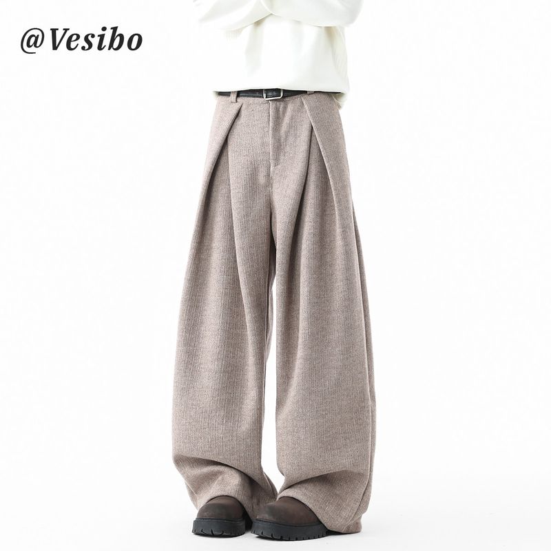 Old Money Style Deconstructed Woolen Trousers for Men, Winter Heavyweight Vintage Warm Wide-Leg Long Pants, High Street Pleated Casual Pants