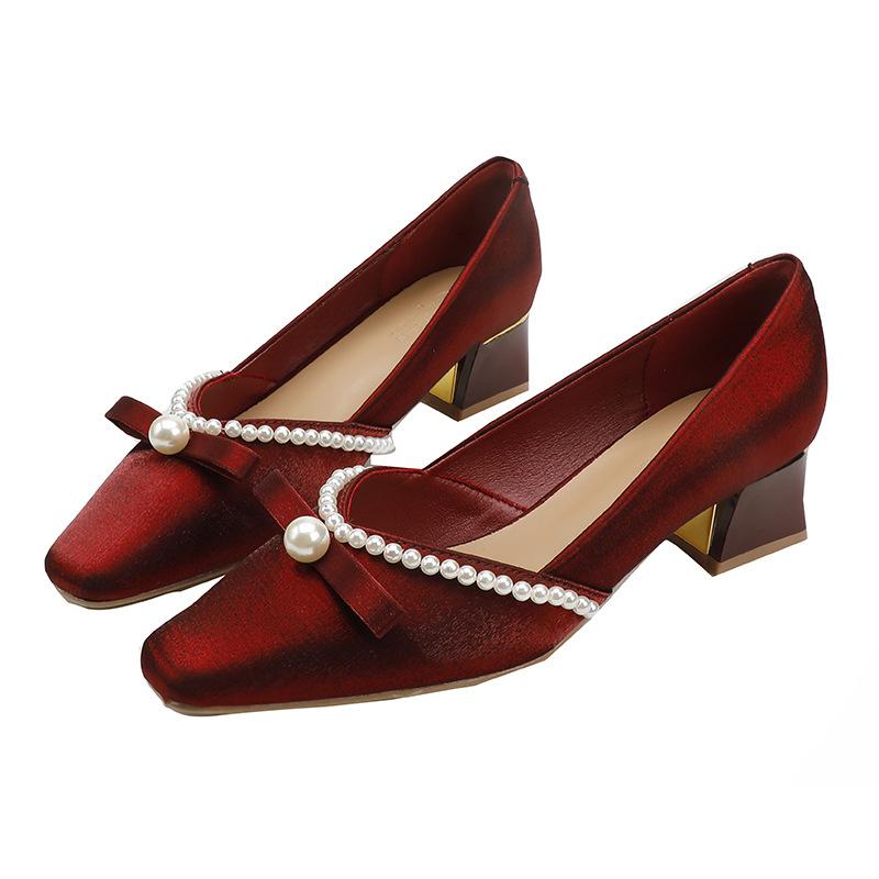 

Fairy style thick heel single shoes female 2025 autumn new high heels women s shoes French pearl party red wedding shoes 39 бордовий