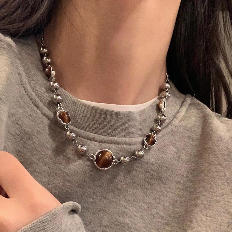 Maillard Tiger's Eye Stone Necklace Light Luxury Niche French Retro Clavicle Chain New Neck Chain