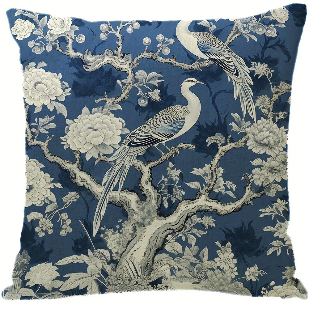 4Pcs Retro Plant Printed Pillowcase, Blue And White Natural Style, Rural Style, Living Room Home Decoration