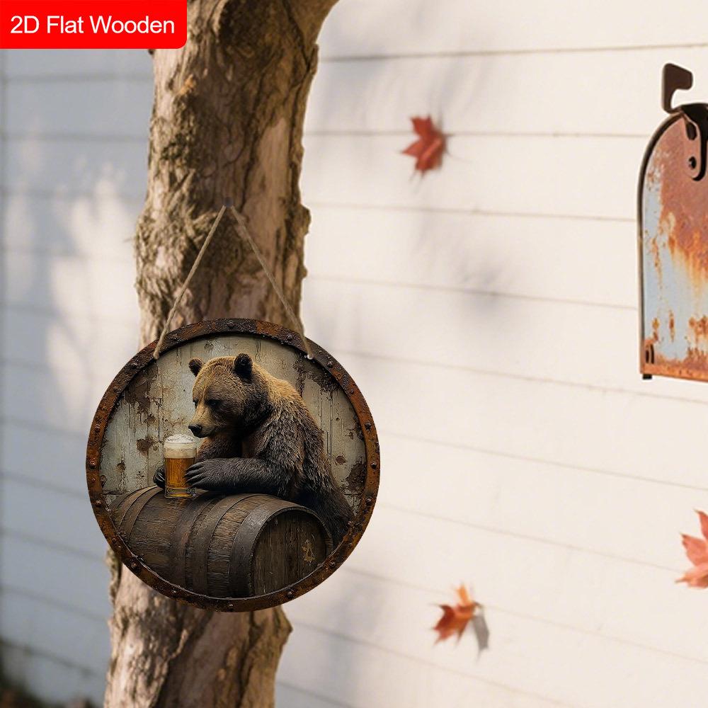 Wooden Sign with Bear & Beer Barrel Pattern - Unique Wall Pediments - Ideal for Front Door, Yard, Wall Decor