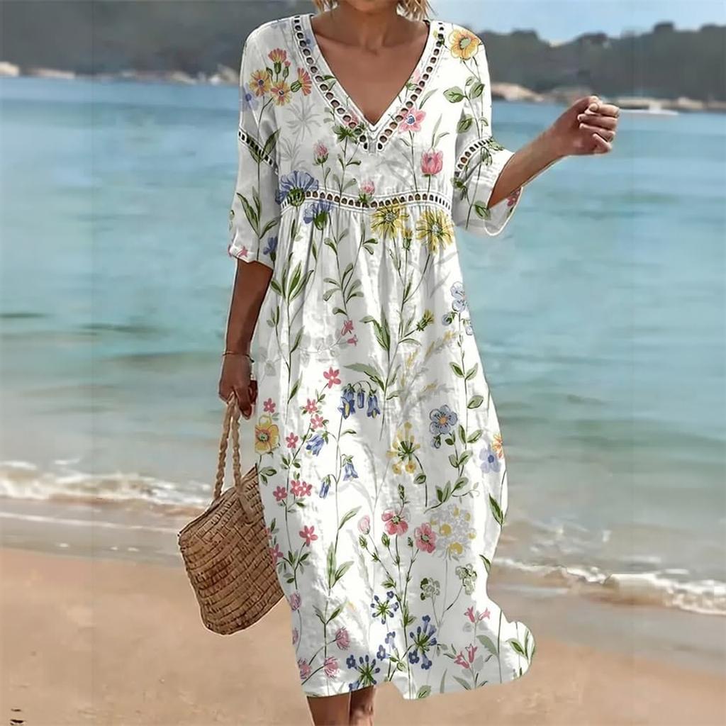 Damen V-Ausschnitt Midi-Kleid mit Blumenprint für den lässigen Strandurlaub