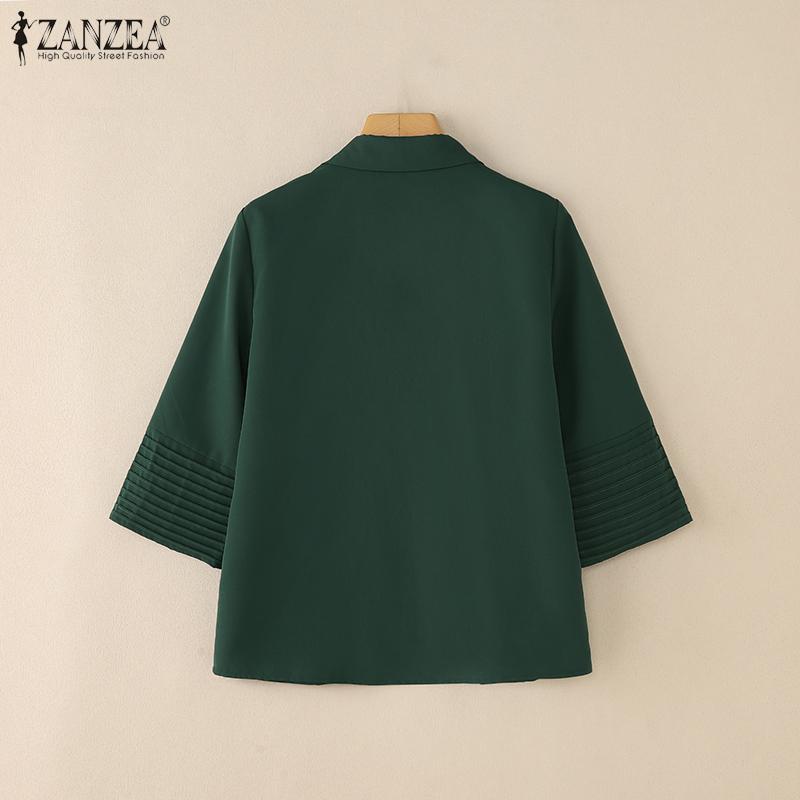ZANZEA Women Casual Turn Down Collar Solid Color 3/4 Sleeve Blouse
