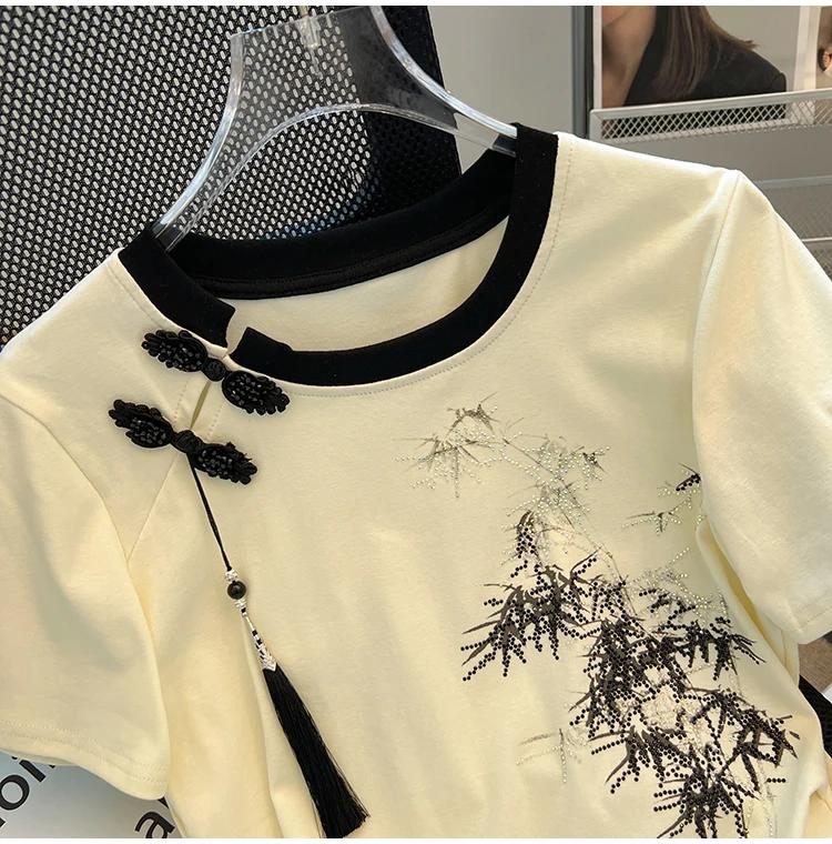 Cotton Chinese Style Women's T-shirt Summer Tees Short Sleeve Slim Women Tops Vintage O-necks Embroidery Korean Clothing Sales