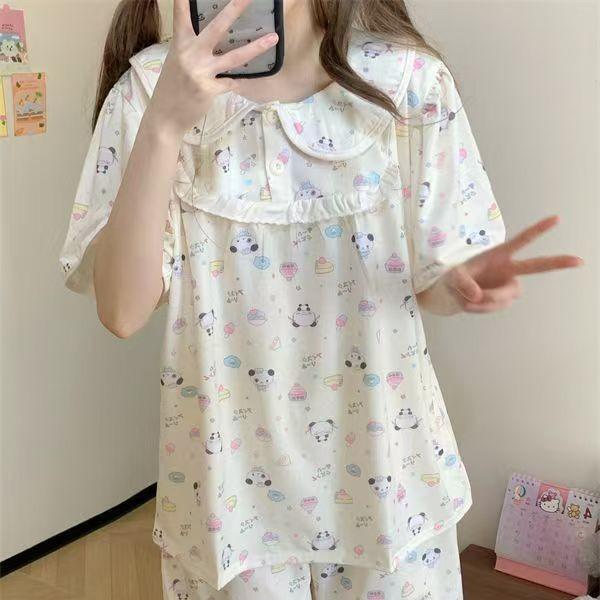 

Sweet girl shaved ice bear pajamas women s summer short-sleeved shorts cute doll collar suit student dormitory loungewear s [recommended weight 35-40kg]