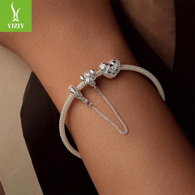 Romantic Pink Bow Diy Bracelet Beaded Accessories, Sweet Girl Heart S925 Sterling Silver Glazed Beads