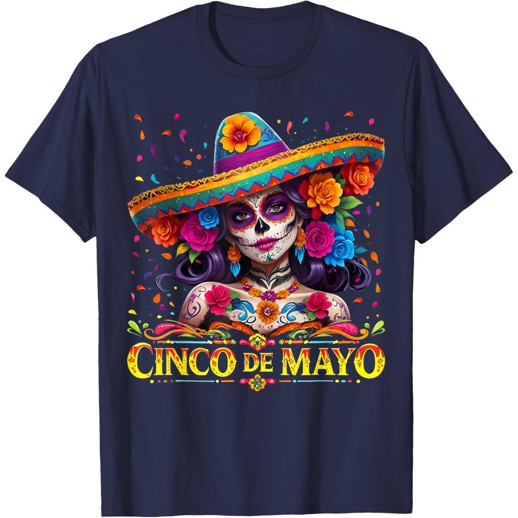 Cinco De Mayo Sugar Skull Women Sombrero Graphic T-Shirt Casual Cotton Tee