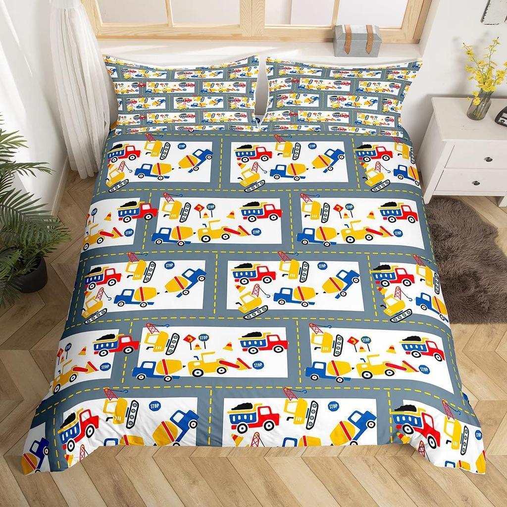 Colorful Cartoon Car Duvet Cover Set Twin King Train Truck Police Car Print Quilt Cover Cartoon Vehicle Bedding Set For Boy Teen