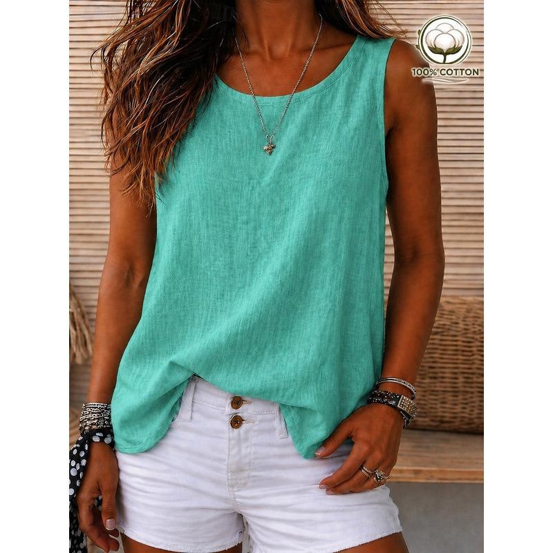Women's Vintage Washed Round Neck Sleeveless Tank Top Casual Black White Sky Blue Orange Violet Summer Spring