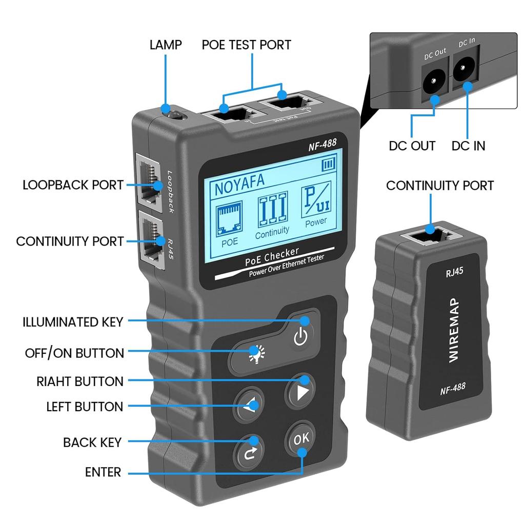 RJ45 Network Cable Tester, VXSCAN Multifunction Poe Ethernet Cable Tester Kit for CAT5e/CAT6/CAT6a, Network Cable Continuity Tester DC Power & Switch