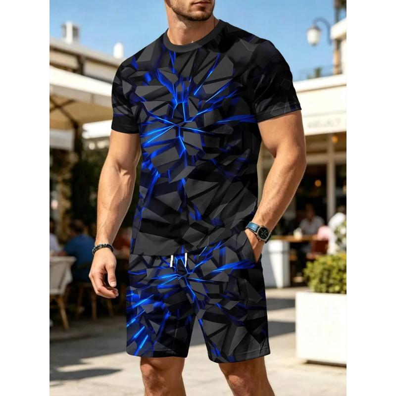 Fashion men's casual suit 3D casual color printing summer T-shirt shorts simple
